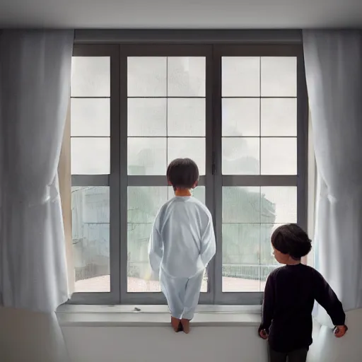 Image similar to young boy wearing white fabric pajama with cartoon paintings on it infront of the window in his room and staring outside. highly detailed, digital photo, smooth and sharp focus, cg by tian zi and wlop and alphonse mucha