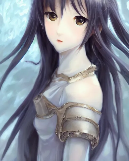 Image similar to range murata, an infinitely detailed portrait of a frail and pale female peace angel elegantly. fully - clothed full - body, beautiful! scenery art!! coherent! by wlop & murata range, victorian armor trim, cold color palette, artstation / pixiv!! elegantly armored angel portrait full - body, dreamy art