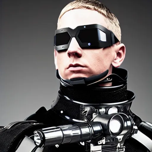 Image similar to eminem wearing a futuristic armored mask with large amber eye reflective lenses, and black leather exoskeleton mechanical body armor. a mini - gunner is attached to the end of a robot arm that mounted to his shoulder - h 6 4 0