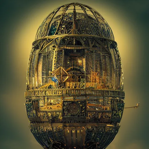 Image similar to enormous flying city in a faberge egg, sky, steampunk, fantasy art, octane render, intricate, intricate, intricate, intricate
