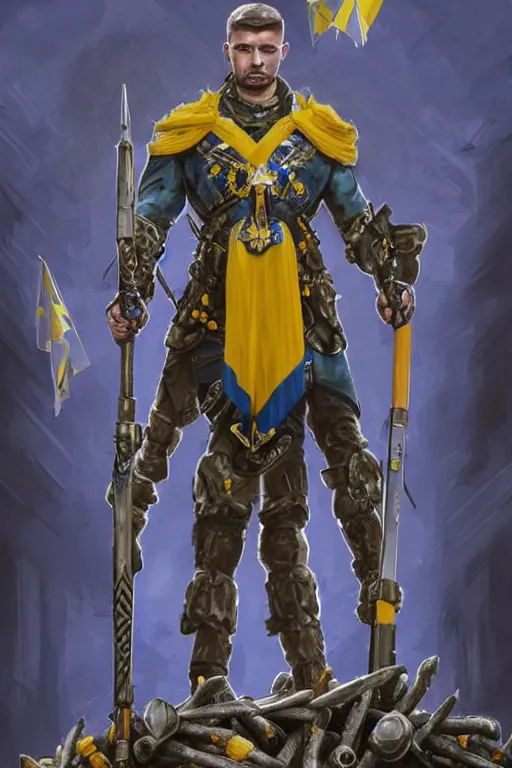 Image similar to a distant shot of a Ukrainian super soldier with blue and yellow flag behind him and a trident symbol on the chest standing alone on a huge pile of skulls posing as a winner, masculine muscular figure, D&D, fantasy, intricate, elegant, highly detailed, extremely detailed, digital painting, artstation, concept art, matte, smooth, sharp focus, illustration, art by Artgerm and Greg Rutkowski and Alphonse Mucha