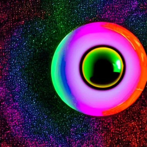 Prompt: a hazel eyeball floating on a multi-colored disco floor, casting it's shadow below it onto the colorful disco floor, in outer space