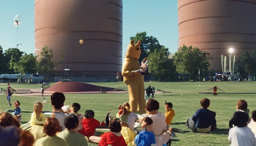 Image similar to 1990s candid photo of a beautiful day at the park, cinematic lighting, cinematic look, golden hour, large costumed mascot business people giving spaceship presentations to families, Enormous personified business people with outstandingly happy faces coming out of a portal and talking to families about space and planets, UHD