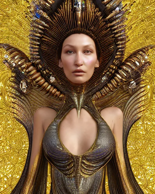 Image similar to a highly detailed metahuman 4 k close up render of an alien goddess bella hadid as god in iris van herpen dress schiaparelli in diamonds crystals swarovski and jewelry in style of alphonse mucha gustav klimt trending on artstation made in unreal engine 4