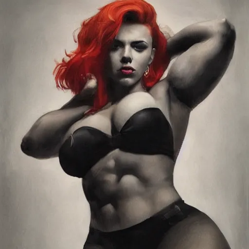 Image similar to greg manchess portrait of scarlett johansson as thick very muscular gothic weightlifter zarya from overwatch with red hair and black lipstick, fantasy medium shot, asymmetrical, profile picture, organic painting, sunny day, matte painting, bold shapes, hard edges, street art, trending on artstation, by huang guangjian and gil elvgren and sachin teng