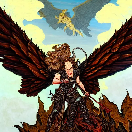 Prompt: painting of a fallen angel paladin with big burnt wings reaching the summit of a haunted mountain, sharp focus, award - winning, trending on artstation, masterpiece, highly detailed, intricate. art by rebecca guay