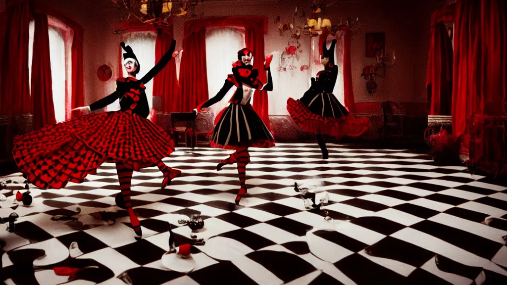 Prompt: a harlequin dances in a checkered red and black tea room inspired by Alice in wonderland, film still from the movie directed by Denis Villeneuve with art direction by Zdzisław Beksiński, wide lens