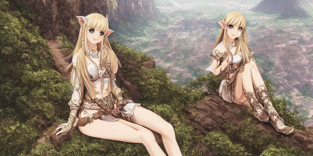 Image similar to alluring highly detailed manga line art wide-angle portrait of (1) a beautiful high-elf girl sitting on the edge of a cliff overlooking a fantasy valley, very detailed, realistic