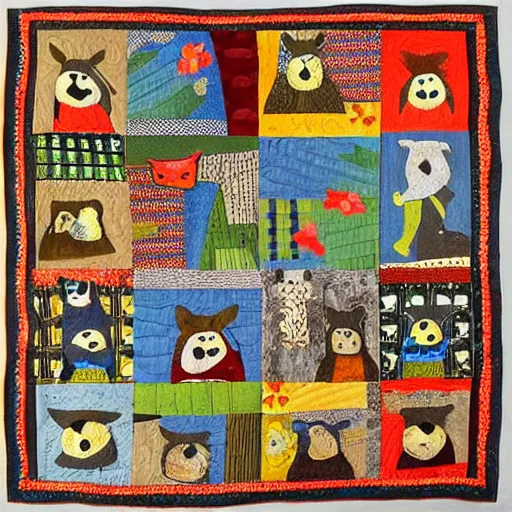 Prompt: folk art quilt with a rodent theme, museum of modern art, new york