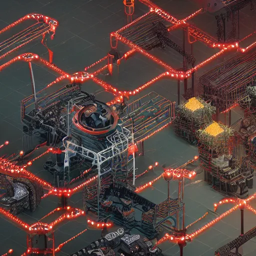 Image similar to factorio production line, intricate artwork by tooth wu and wlop and beeple. octane render, trending on artstation, greg rutkowski very coherent symmetrical artwork. cinematic, hyper realism, high detail, octane render, 8 k, red and black tones