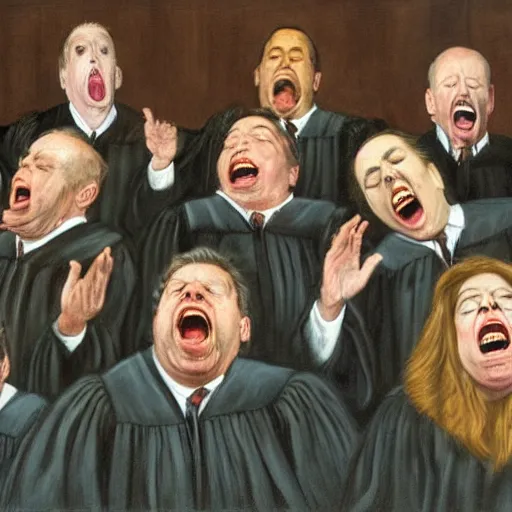 Prompt: The US Supreme Court justices screaming in existential dread, by Francis Bacon