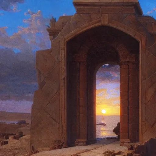 Prompt: colossal gate made of dark stone with sunset showing through high walls, epic scale, oil painting by gerome, mucha, artstation, 4 k