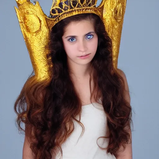 Prompt: teen queen with golden hairs in golden crown, very pale, with blue eyes