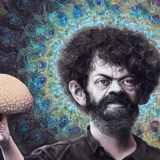 Prompt: portrait of terence McKenna with a mushroom as his head, vibrant, hyperrealistic, Maximalism, mystical, ornate, Intricate, 3d render, octane render, Ray tracing