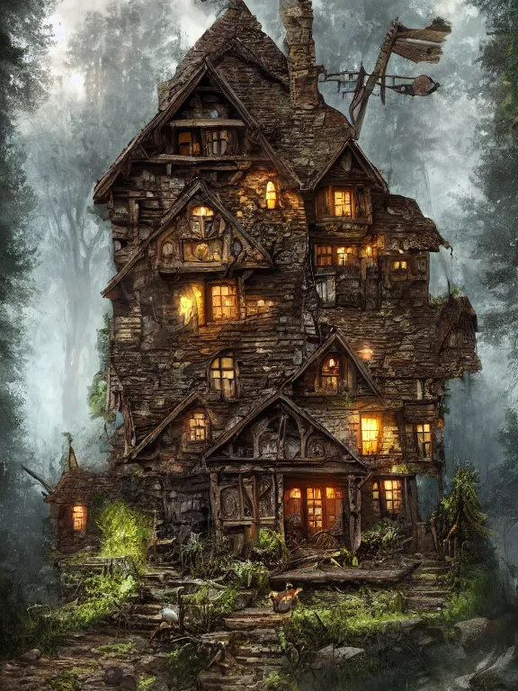 Prompt: old house in the woods, highly detailed, digital art, sharp focus, raytracing, trending on art station, warhammer fantasy setting,