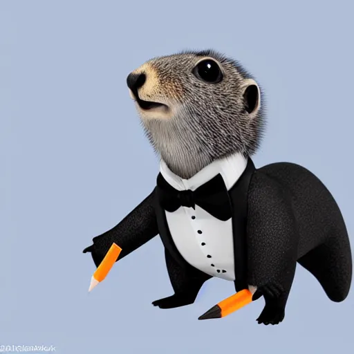 Image similar to a cute marmot in a tuxedo while holding a pencil, digital art, 3 d artistic render, octane, blender, cartoon, shadows, lighting