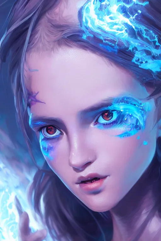 Image similar to a fancy portrait of a young Demon girl covered in blue flames by Greg Rutkowski, Sung Choi, Mitchell Mohrhauser, Maciej Kuciara, Johnson Ting, Maxim Verehin, Peter Konig, final fantasy , 8k photorealistic, cinematic lighting, HD, high details, atmospheric , trending on artstation