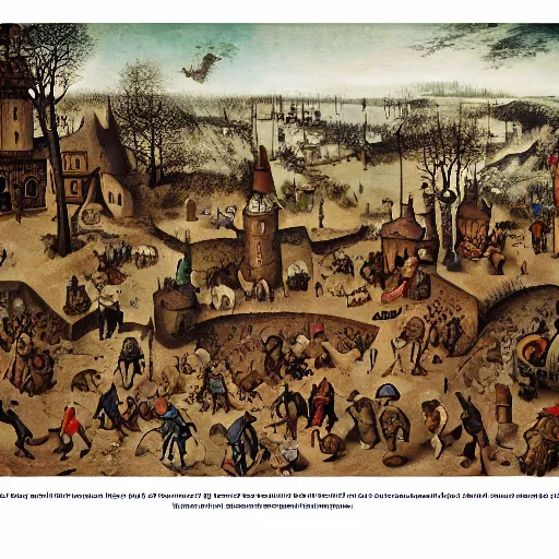 Image similar to adventuring party in eldritch ruins, fantasy, golden hour, in the style of pieter bruegel