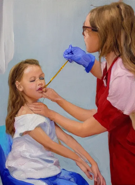 Image similar to oil painting of girl getting vaccinated