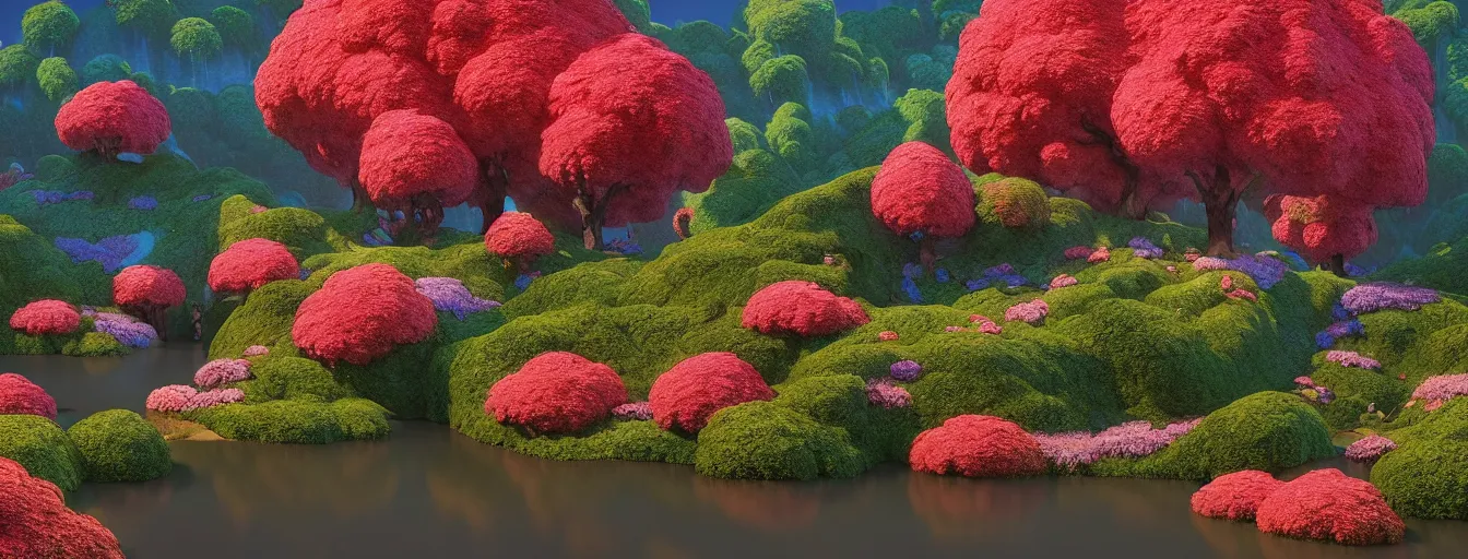 Prompt: a gorgeous very early spring series of lush islands separated by flower - lined streams, twisted gardens, flowers, fronds, painting by barlowe wayne maxfield parrish and marco mazzoni. tree no leaf!!!! china mountain village!! very little light verdancy. ultra clear detailed. 3 d, octane render. turbulent blood lake.