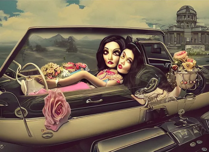 Image similar to the world inside a car, lisa ann, lowbrow, matte painting, 3 - d highly detailed, in the style of mark ryden,