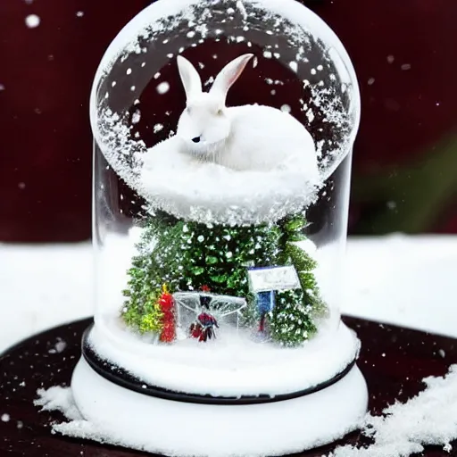 Prompt: a snow globe. Four rabbits inside the snow globe. The rabbits are trying to get out. Snow is falling in the snow globe. Snow is falling outside onto the snow globe