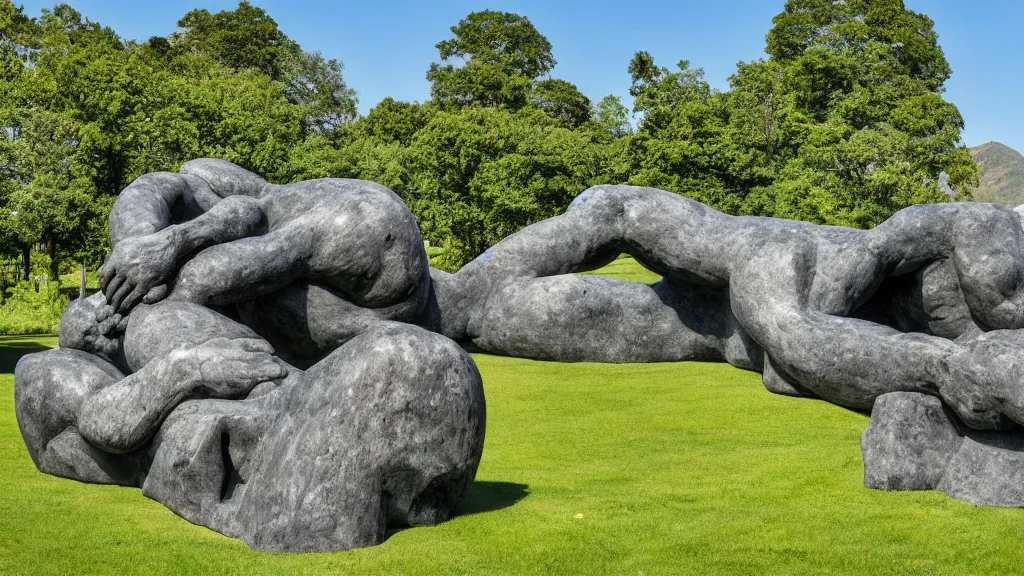 Prompt: a colossal impossible granite sculpture garden by michelangelo and henry moore and david cerny, on a green lawn, distant mountains, 8 k, whose mothers live between an easy life and a memory to be, award winning
