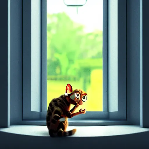 Image similar to a happy cat with big eyes looking for a cup of coffee in beautiful morning at a house window. Pixar Disney 4K 3d render funny animation movie Oscar winning trending on ArtStation and Behance. Ratatouille style.