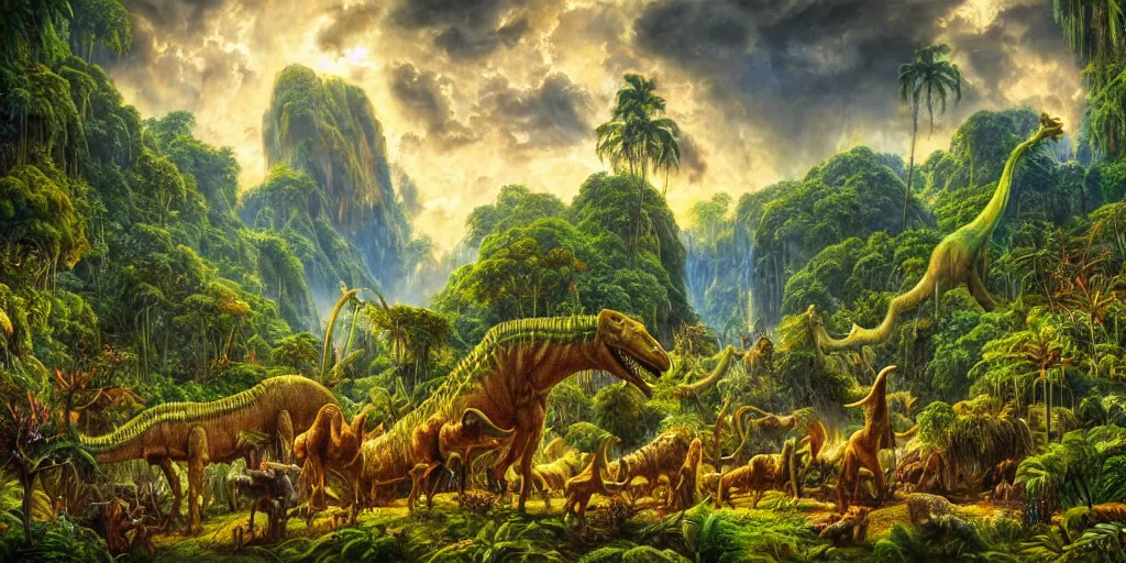 Prompt: fantasy oil painting, herd of imaginary dinosaurs in a lush jungle, epic natural light, lush plants flowers, rainforest mountains, bright clouds, luminous sky, outer worlds, dynamic lighting, michael cheval, michael whelan, vray, 8 k hd