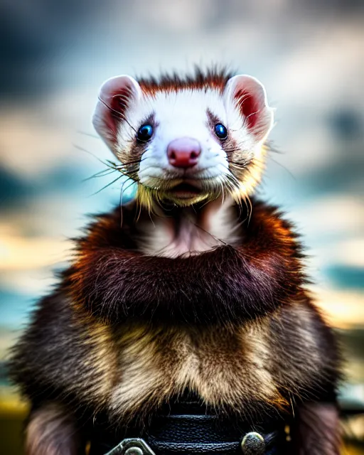 Image similar to ferret warrior, furry, fantasy, viking, high detailed, photography, cloudy, lightweight leather armour, scandinavia, plain, detailed face, look into the distance, serious face, full body, in full growth, professional photographer, masterpiece, 5 0 mm, extremely detailed, 8 k