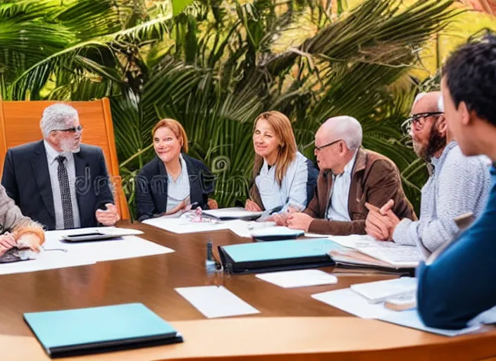 Prompt: photo of a zoo animals on a board meeting. Highly detailed 8k. Intricate. Sony a7r iv 55mm. Stock photo.