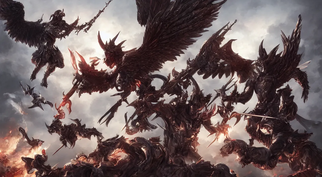 Prompt: epic fantasy battle Archangel Rufus vs Lucifer, extremely detailed, trending on Artstation, award-winning