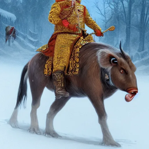 Image similar to an extremely realistic portrait depicting the coronation of viktor orban dressed in royal national costume, riding a hog on the frozen danube, close up, intricate, elegant, highly detailed, digital painting, artstation, concept art, smooth, sharp focus, illustration,