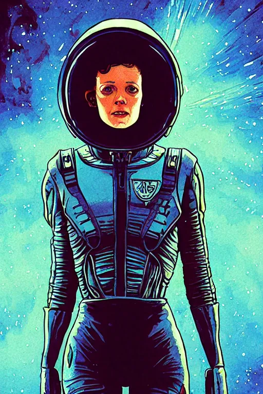 Prompt: ripley from the movie alien, wearing a space suit. highly detailed, digital painting, watercolor, soviet realism, engraving, artstation, concept art, smooth, sharp focus, vivid grunge, manga, illustration, unreal engine 5, 8 k, art by bilibin and kilian eng and kuvshinov and malevich and mucha