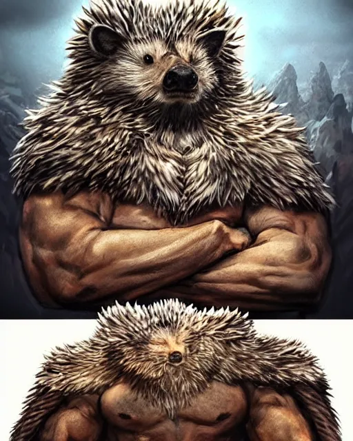 Image similar to anthropomorphic rugged hedgehog!!! with furry!! oversized barbarian muscular armored upper body, action battle pose,long hair, 👅 👅 , D&D, fantasy, intricate, elegant, highly detailed, digital painting, artstation, concept art, smooth, sharp focus, illustration, art by artgerm and beeple and greg rutkowski and alphonse mucha