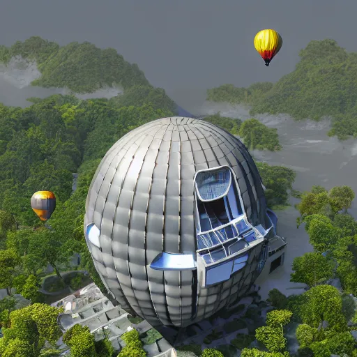 Image similar to futuristic hot air balloon house, ultra realistic, intricate details, highly detailed, photorealistic, 8 k, vegetation, water