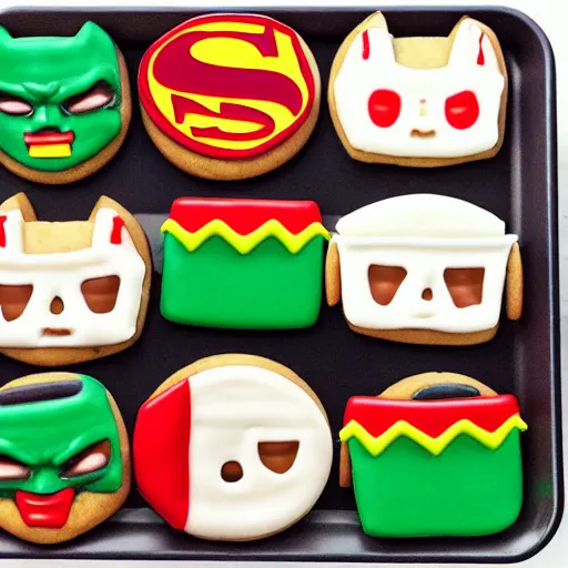 Prompt: Tray of cookies with the faces of the Justice League