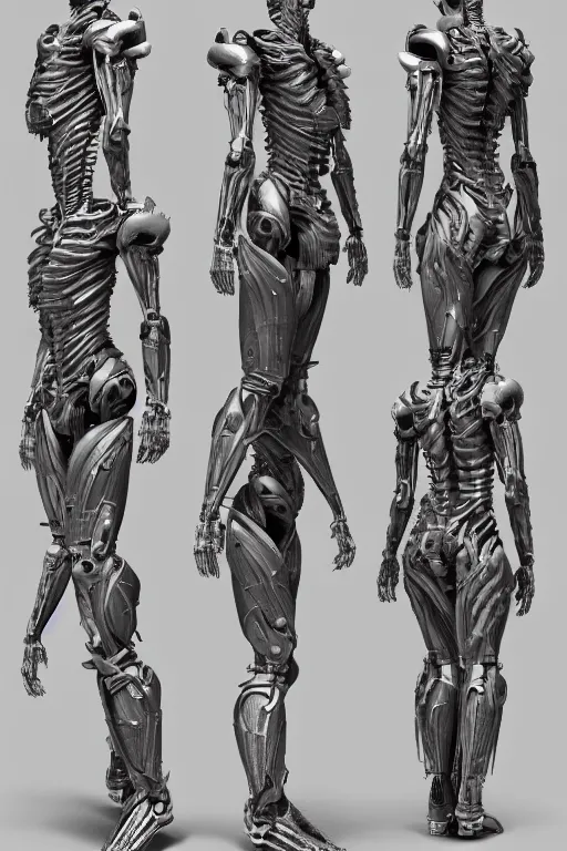 Image similar to a female transformer with gunmetal grey skin, medical anatomy, very symmetrical face, highly detailed, three - perspective / three - view reference sheet ( front / back / side ), in the style of vitaly bulgarov, steven jung, matt tkocz, amanda lilleston, hr giger, mecha, artstation, unreal engine