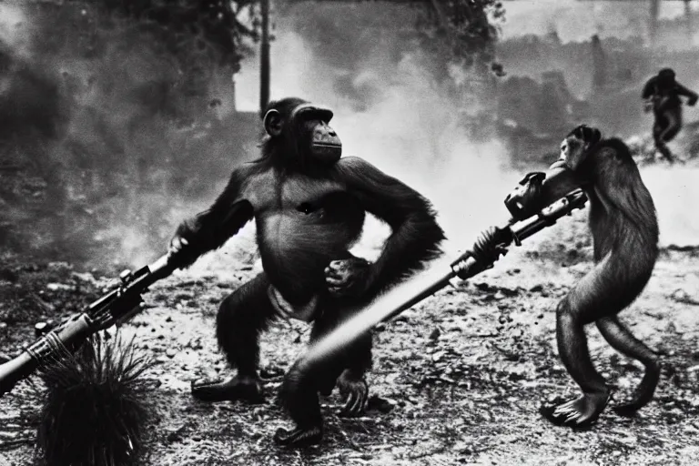 Image similar to chimp using a flame thrower in world war 2