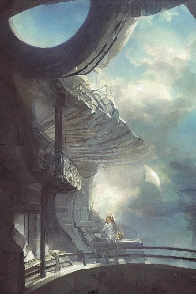 Prompt: sci fi painting of a giant seashell house, a young girl stares from the balcony, by john harris, atmospheric, concept art