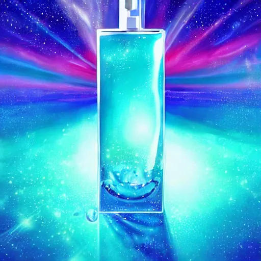 Prompt: blue perfume bottle surrounded by turquoise water droplet and galactic waves, lonely world still shining through faintly rainbow led lights, beautiful surreal scenery artwork pixiv. soul dust. unthinkable dream sublime god lighting, sun rays, cold colors. insanely detailed, artstation!! pixiv!! infinitely detailed created by god