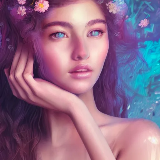 Image similar to high detail portrait of a beautiful woman with her hair down and surrounded by soft florals, vaporwave lighting, dewy skin, concept art, beautiful