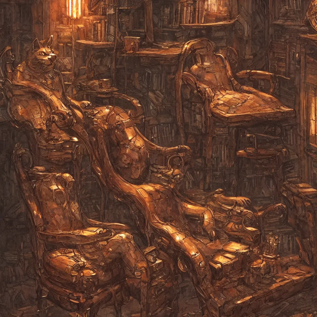 Prompt: a cat character laying, wood carved chair, library, super powers, concept art, by greg rutkowski, old copper pipes, complementing colors