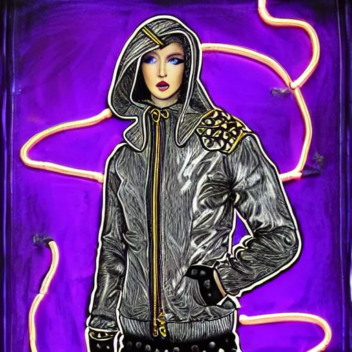 Prompt: fashion drawing of a purple and gold shiny steam punk hoodie jacket with metallic belts and buttons and chains, big collar, big shoulder polster, short sleeves, very detailed, elaborate, purple neon light, soft white light from front - w 1 0 2 4 - h 1 0 2 4 - n 4 - s 1 5 0