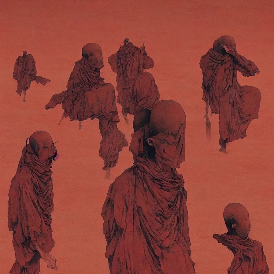 Prompt: ! dream faceless monks on a desert, red color scheme, high detailed beksinski painting, by adrian ghenie and gerhard richter. art by takato yamamoto. masterpiece, deep colours.