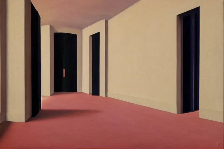 Prompt: hallway of doors by rene magritte, detailed painting, hd, hq, high resolution, high detail, 4 k, 8 k