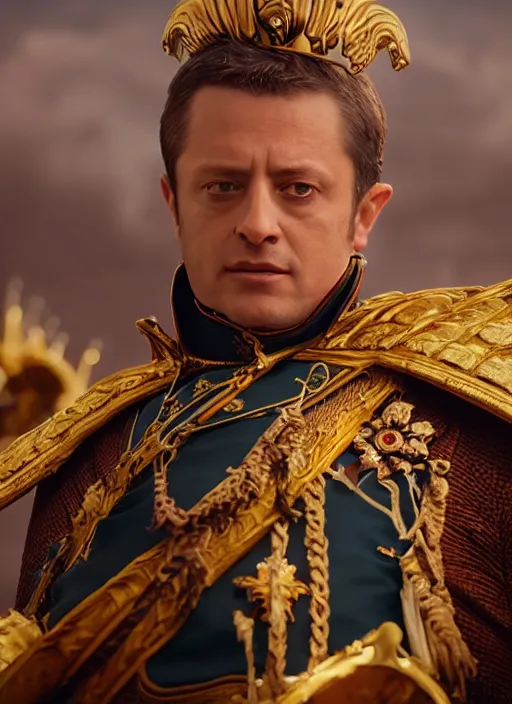 Image similar to zelensky as emperor napoleon in elden ring, splash art, movie still, cinematic lighting, dramatic, octane render, long lens, shallow depth of field, bokeh, anamorphic lens flare, 8 k, hyper detailed, 3 5 mm film grain