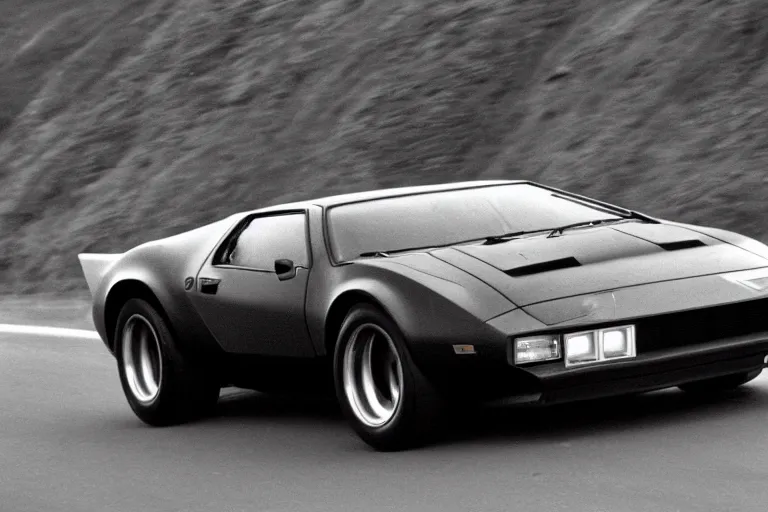 Image similar to De Tomaso Pantera, movie still, speed, cinematic Eastman 5384 film