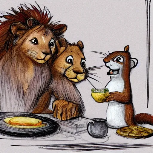 Prompt: a squirrel and a lion are having dinner in a fancy greek restaurant. sketch for a pixar film