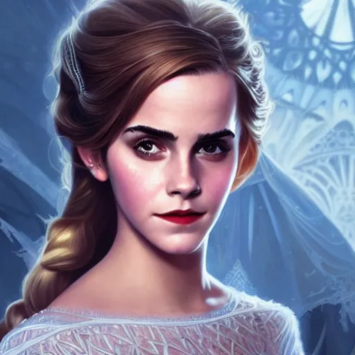 Image similar to portrait of older emma watson as elsa, fantasy dress,, intricate, elegant, highly detailed, digital painting, artstation, concept art, smooth, sharp focus, illustration, art by artgerm and greg rutkowski and alphonse mucha